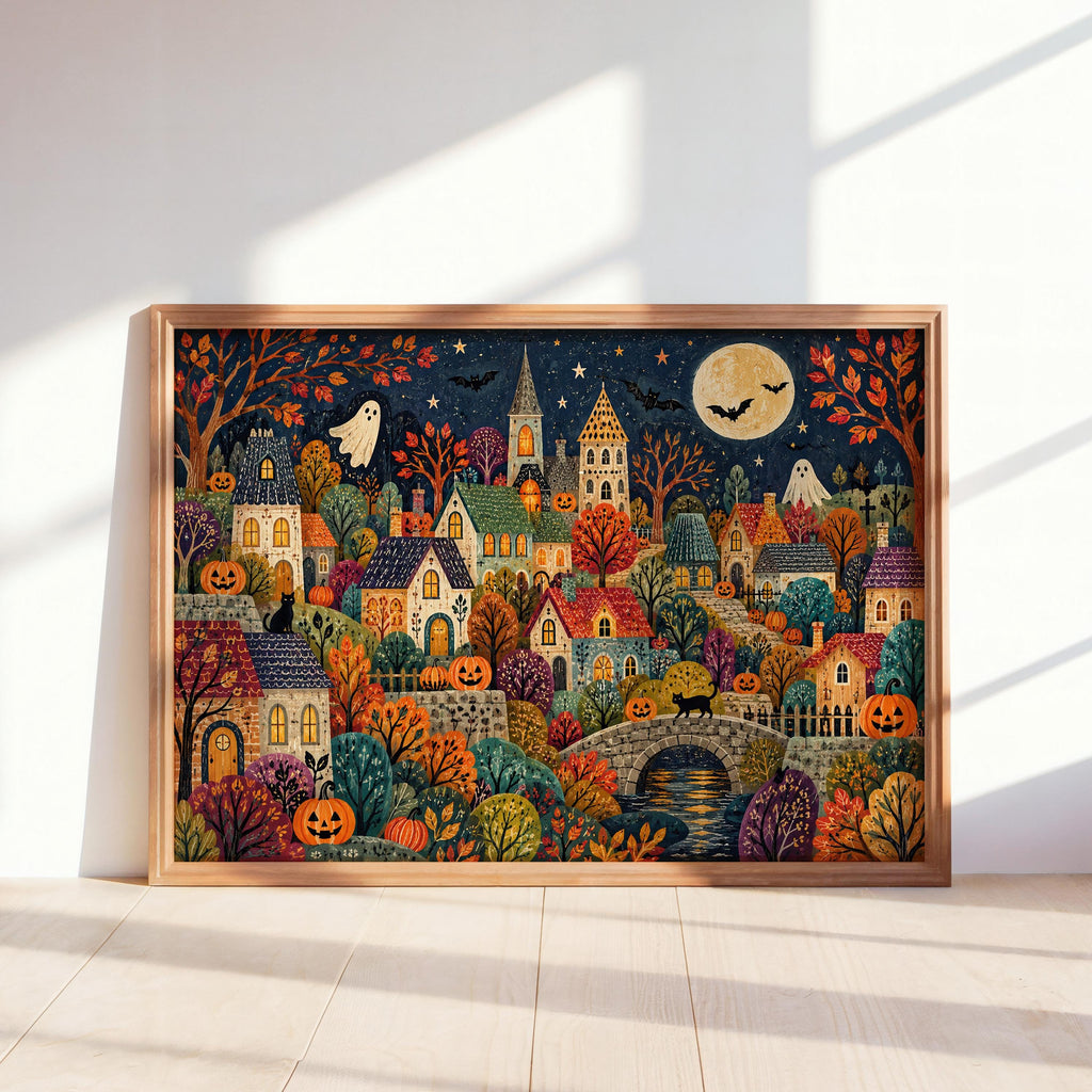 Folk Halloween Village Print, Whimsical Ghost & Pumpkin Wall Art, Autumn Storybook Poster, Colorful Spooky Home Decor, Gift