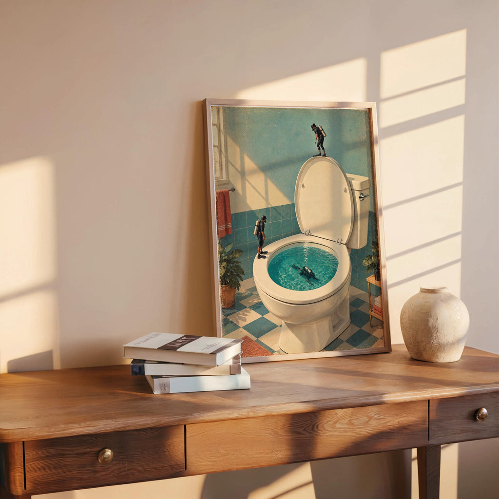 Funny Toilet Divers Print, Surreal Bathroom Wall Art, Tiny Scuba Diver Poster, Quirky Restroom Decor, Humorous Gift for Swimmers