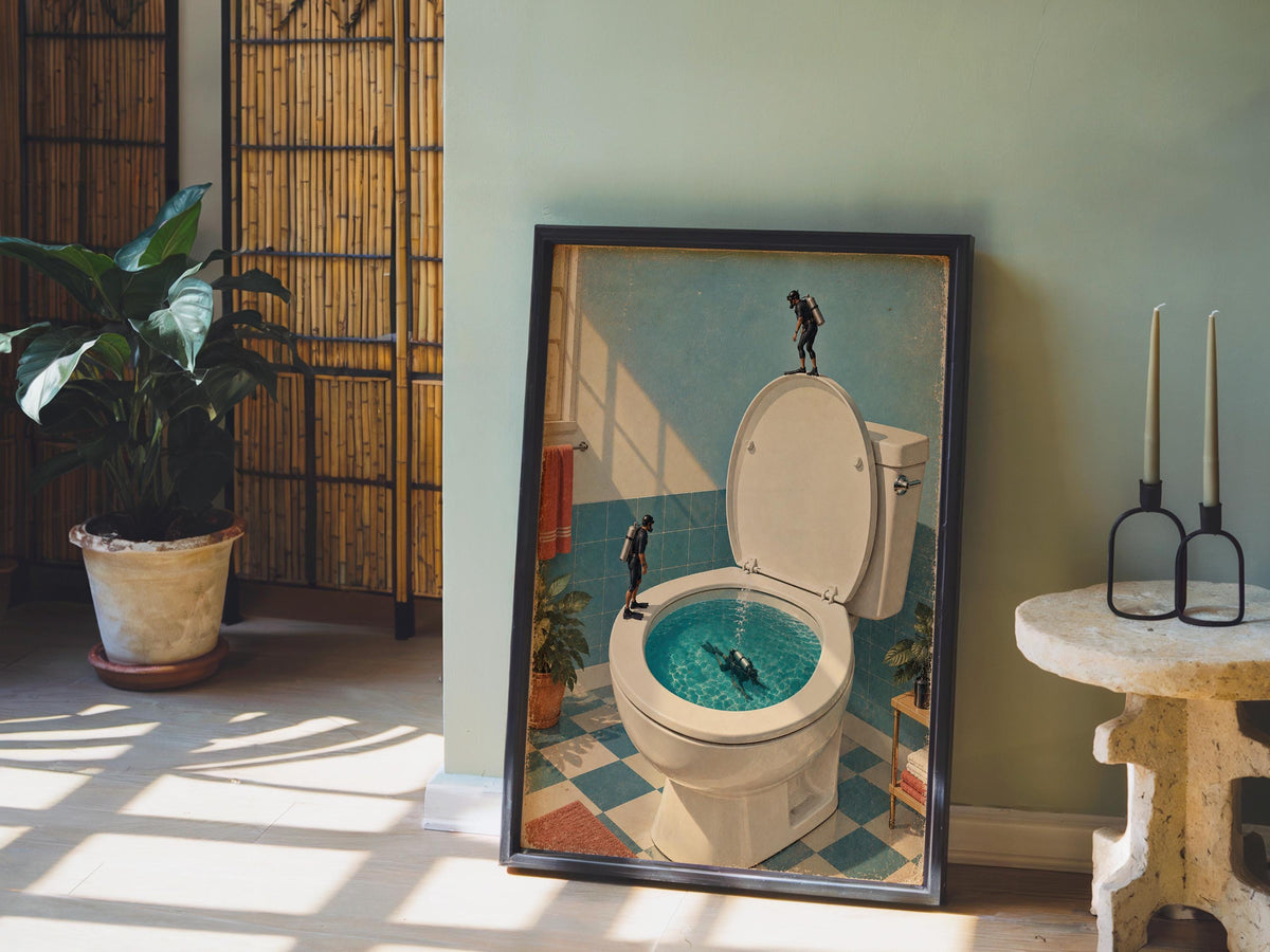 Funny Toilet Divers Print, Surreal Bathroom Wall Art, Tiny Scuba Diver Poster, Quirky Restroom Decor, Humorous Gift for Swimmers
