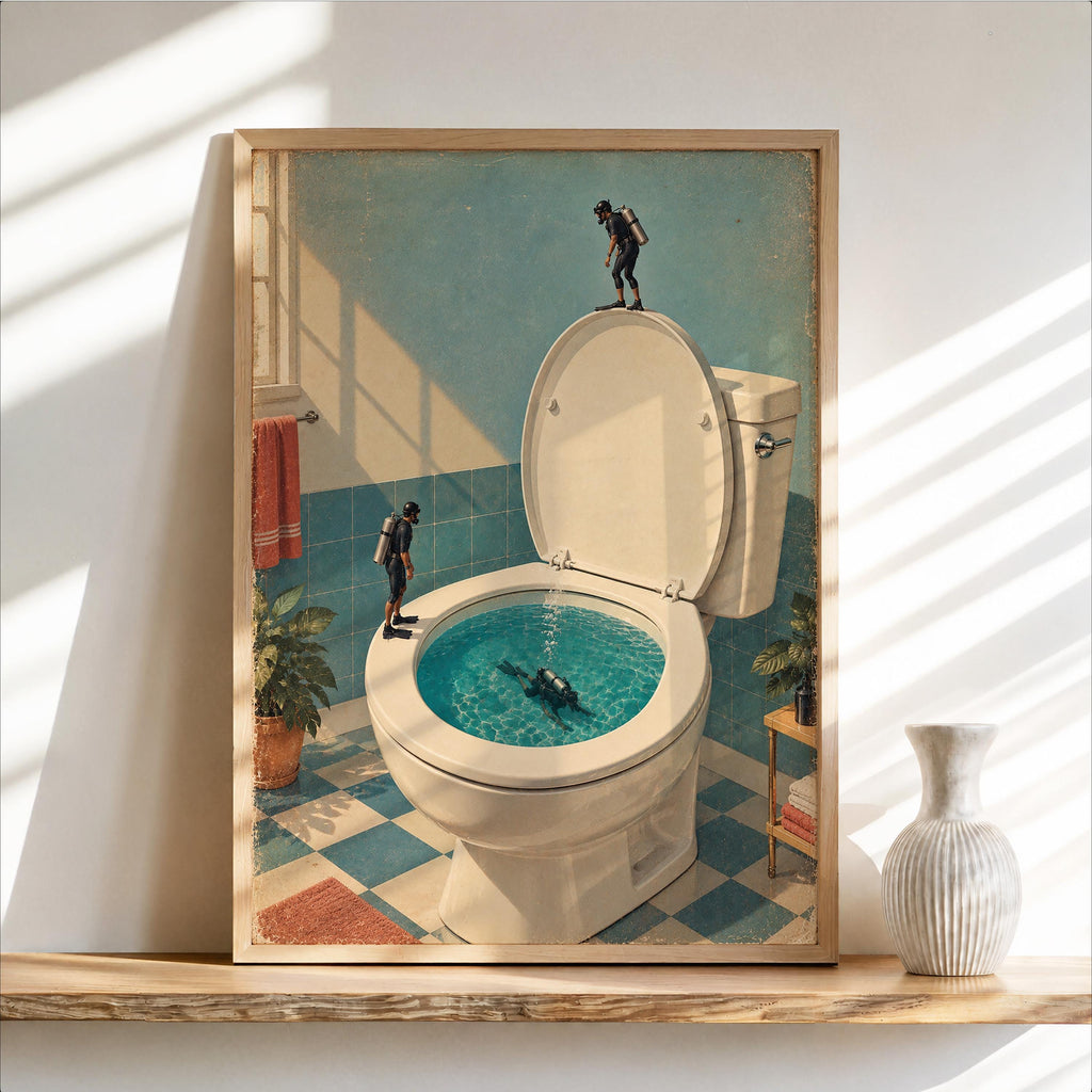 Funny Toilet Divers Print, Surreal Bathroom Wall Art, Tiny Scuba Diver Poster, Quirky Restroom Decor, Humorous Gift for Swimmers