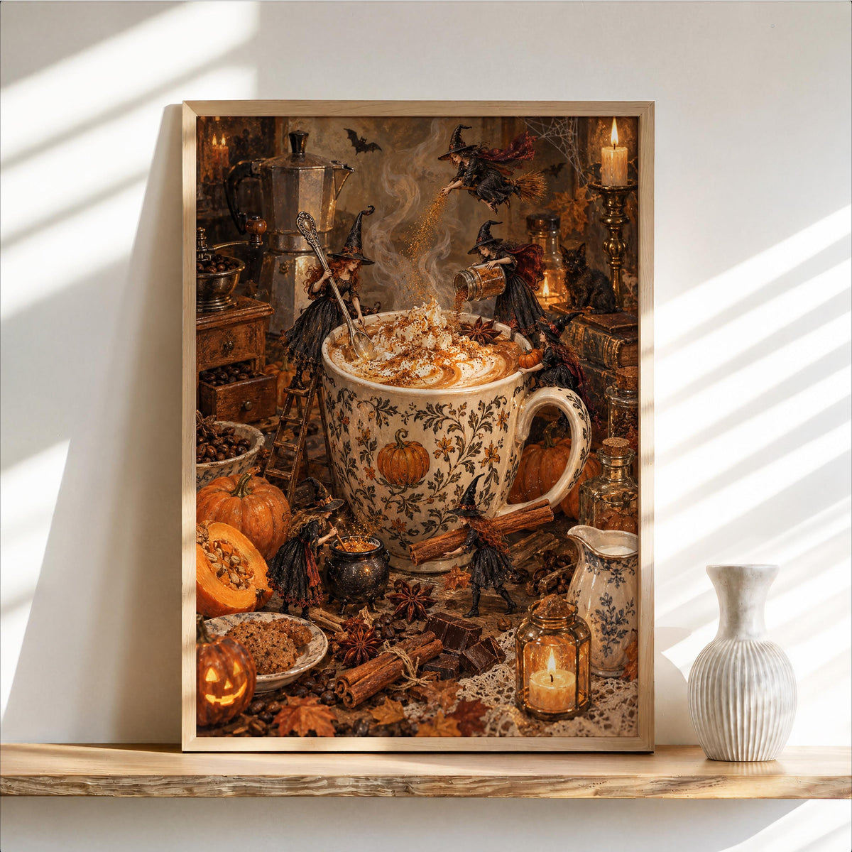 Witches Brewing Coffee Print, Pumpkin Spice Latte Art, Vintage Halloween Wall Decor, Cozy Autumn Kitchen Print