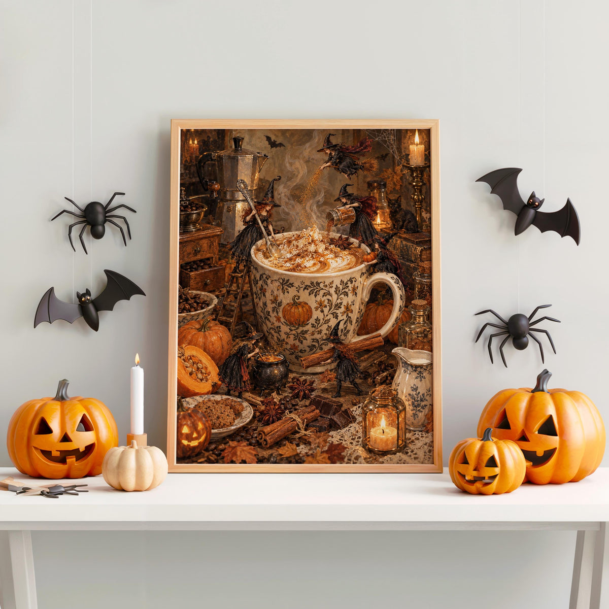Witches Brewing Coffee Print, Pumpkin Spice Latte Art, Vintage Halloween Wall Decor, Cozy Autumn Kitchen Print