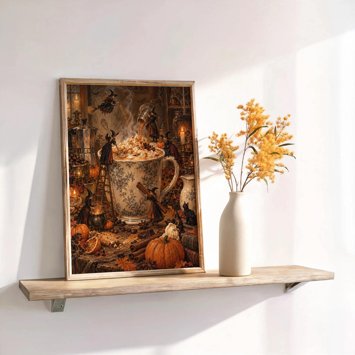 Halloween Witch Coffee Wall Art, Witches Making Pumpkin Spice Latte, Vintage Autumn Kitchen Print, Spooky Harvest Decor