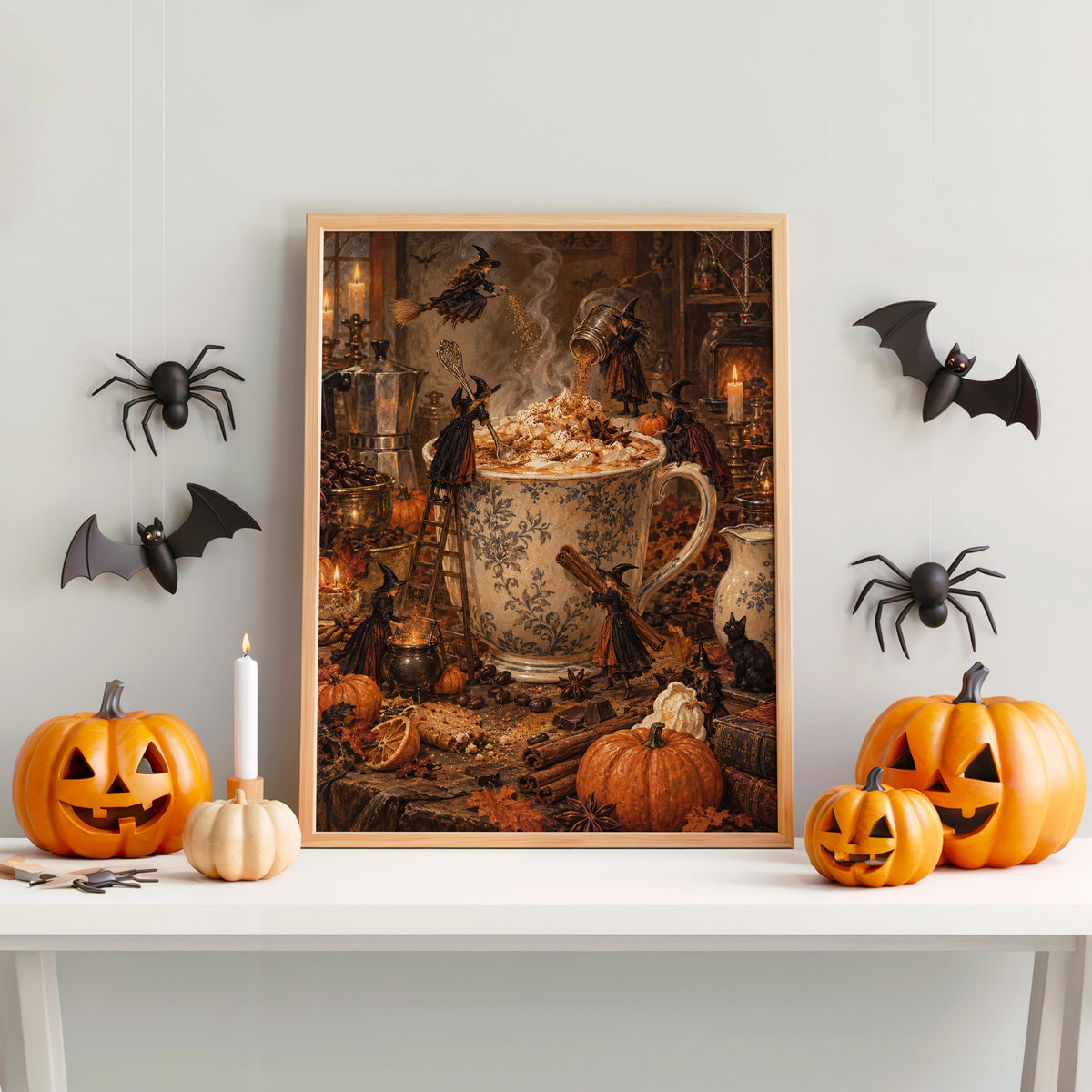 Halloween Witch Coffee Wall Art, Witches Making Pumpkin Spice Latte, Vintage Autumn Kitchen Print, Spooky Harvest Decor