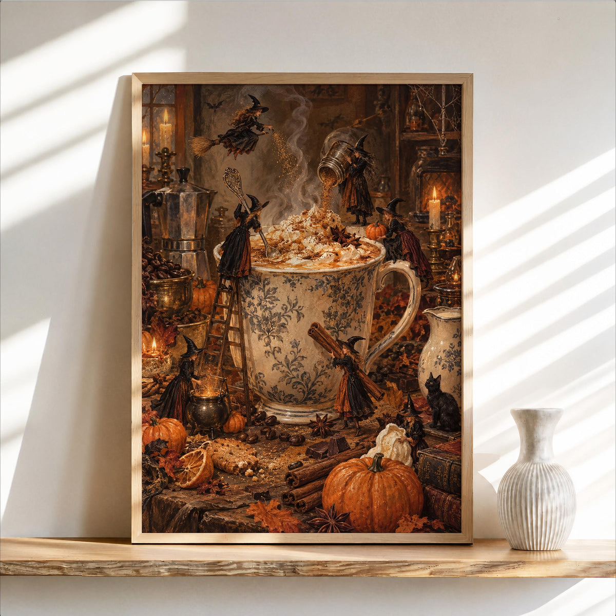 Halloween Witch Coffee Wall Art, Witches Making Pumpkin Spice Latte, Vintage Autumn Kitchen Print, Spooky Harvest Decor