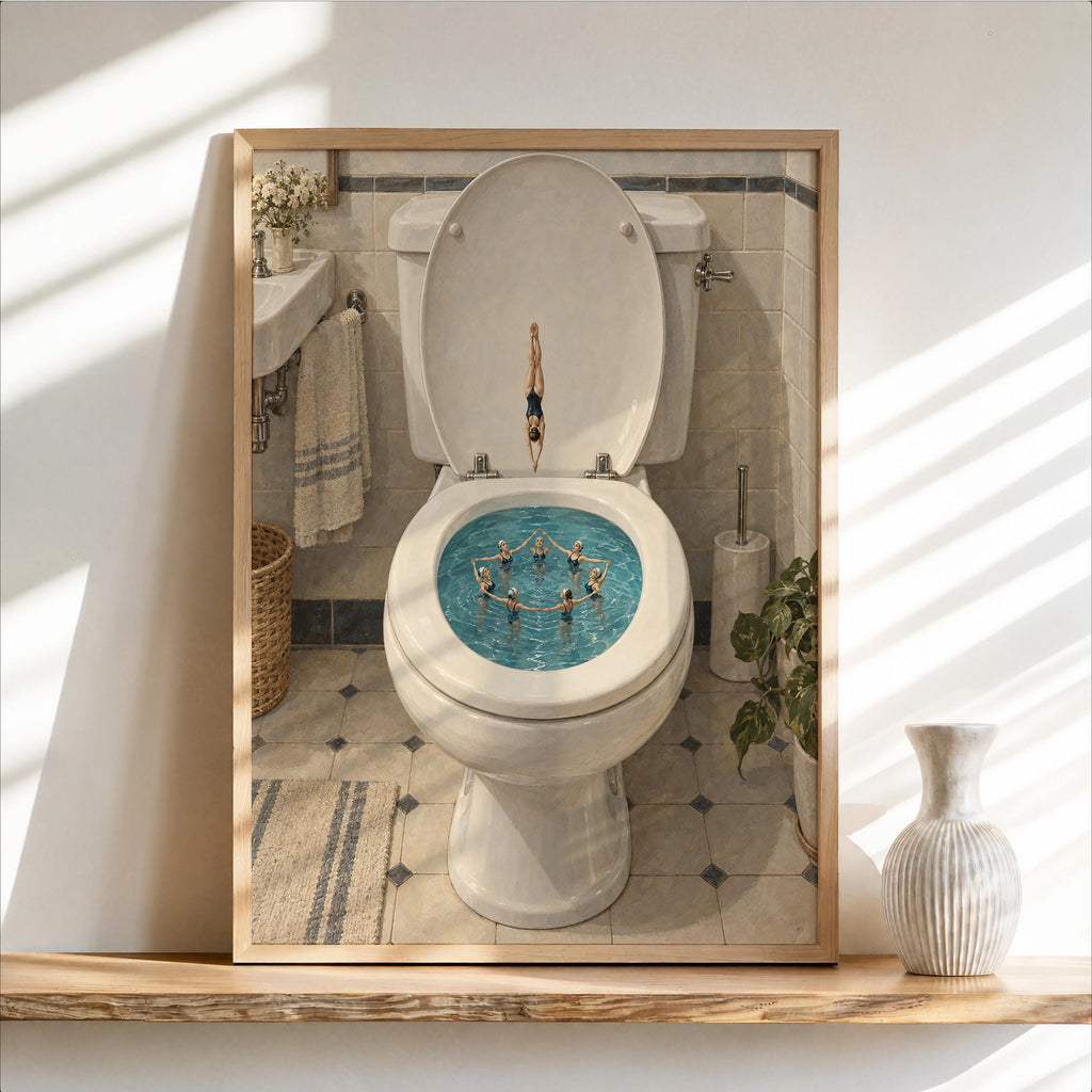 Synchronized Swimmers Toilet Print, Funny Bathroom Wall Art, Vintage Swimming Pool Illustration, Quirky Restroom Decor, Diving Poster