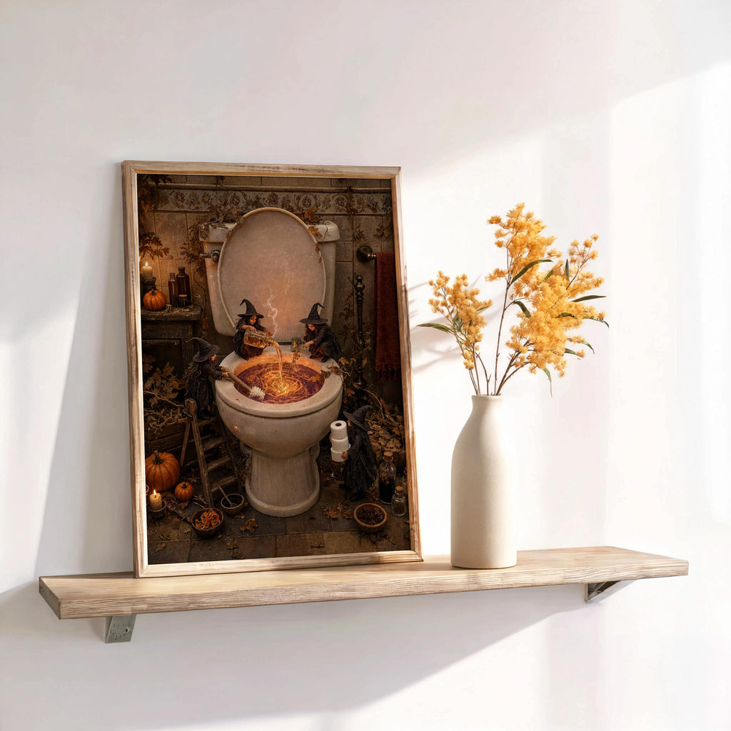 Spooky toilet wall art displayed on a floating shelf, dried stems in vase, witchy bathroom decor mood.