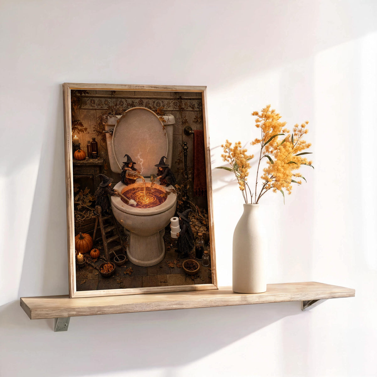 Spooky toilet wall art displayed on a floating shelf, dried stems in vase, witchy bathroom decor mood.