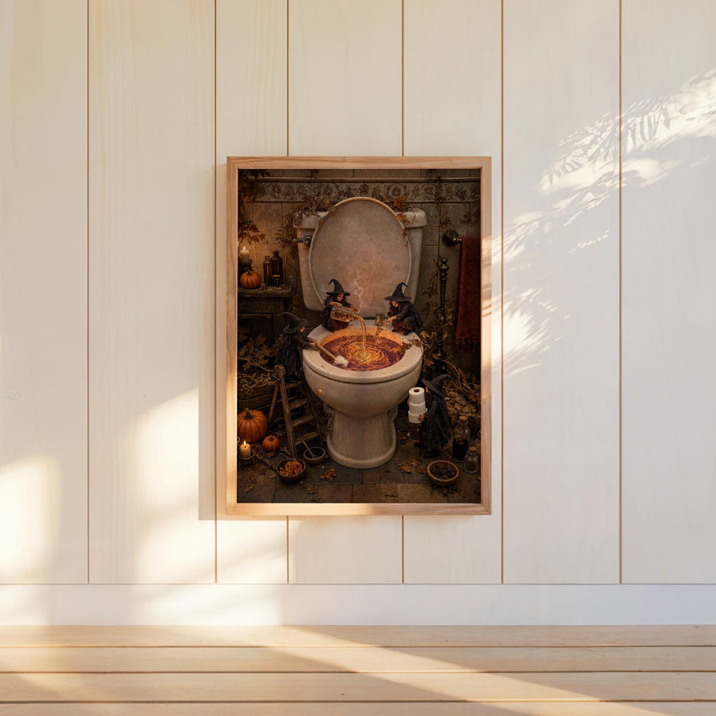 Hung spooky toilet wall art on white beadboard, soft sunlight, quirky restroom art for Halloween bathrooms.
