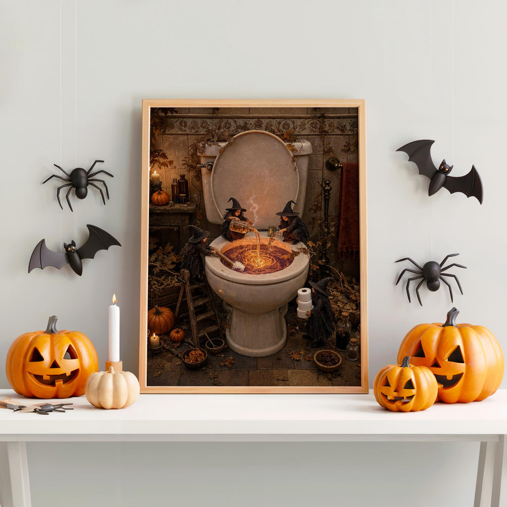 Spooky toilet wall art on a white mantel with pumpkins and spider decals, playful Halloween toilet print scene.