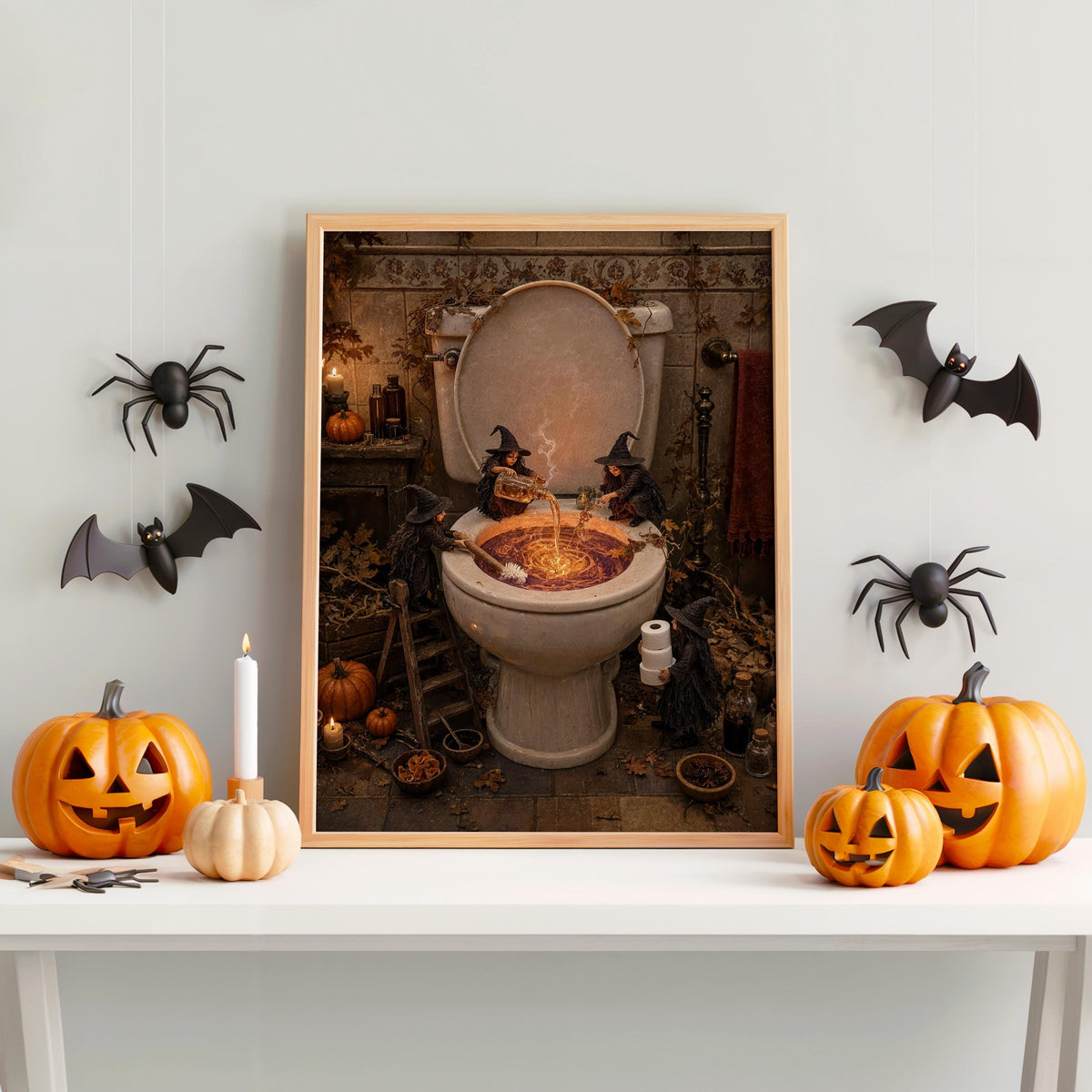 Spooky toilet wall art on a white mantel with pumpkins and spider decals, playful Halloween toilet print scene.