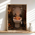 Framed spooky toilet wall art leaning by a sunlit baseboard, vintage bathroom and candlelight.