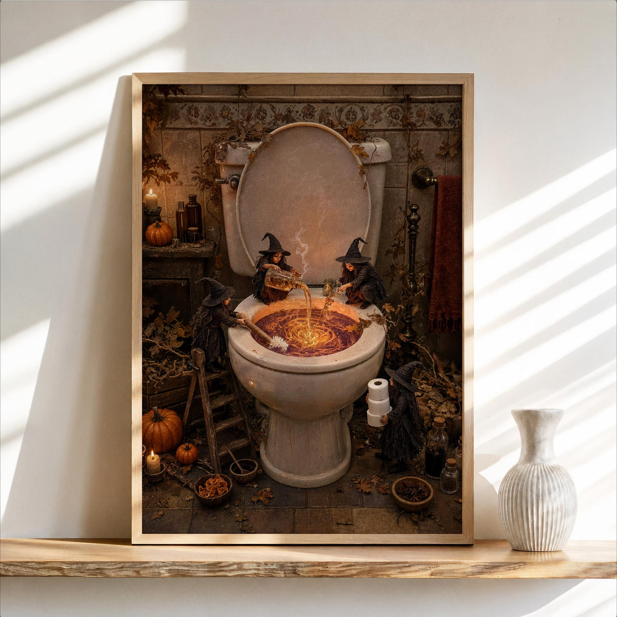 Framed spooky toilet wall art leaning by a sunlit baseboard, vintage bathroom and candlelight.