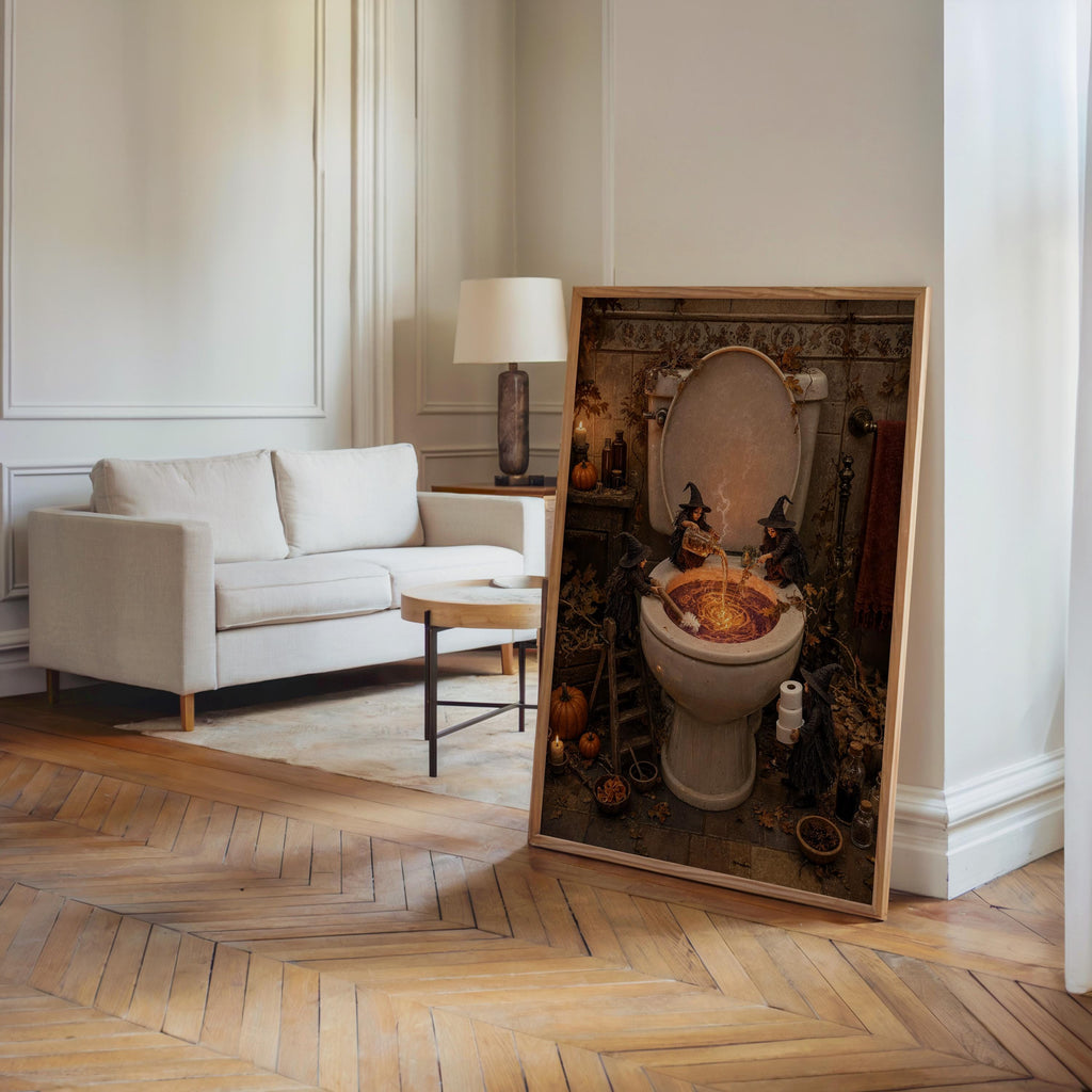 Corner living room with spooky toilet wall art propped by a sofa, warm wood floors, Halloween bathroom wall art flair.