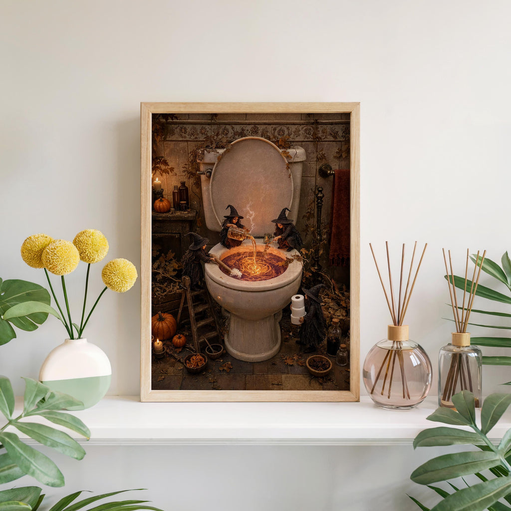 Spooky toilet wall art centered above a console with yellow flowers, haunted bathroom wall art accent.