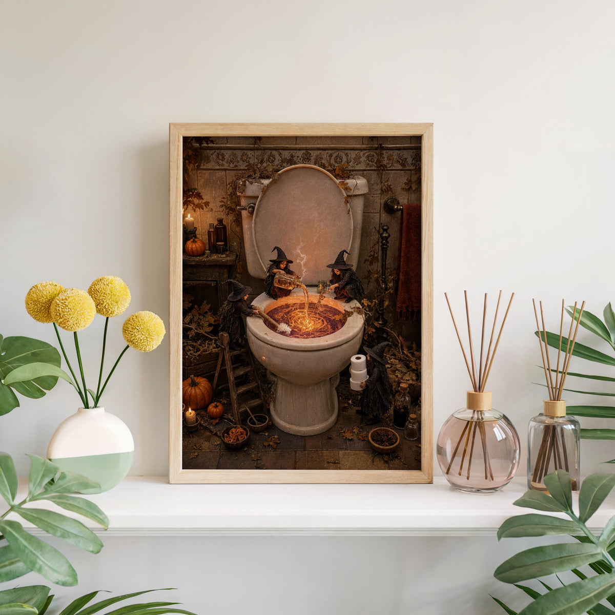 Spooky toilet wall art centered above a console with yellow flowers, haunted bathroom wall art accent.