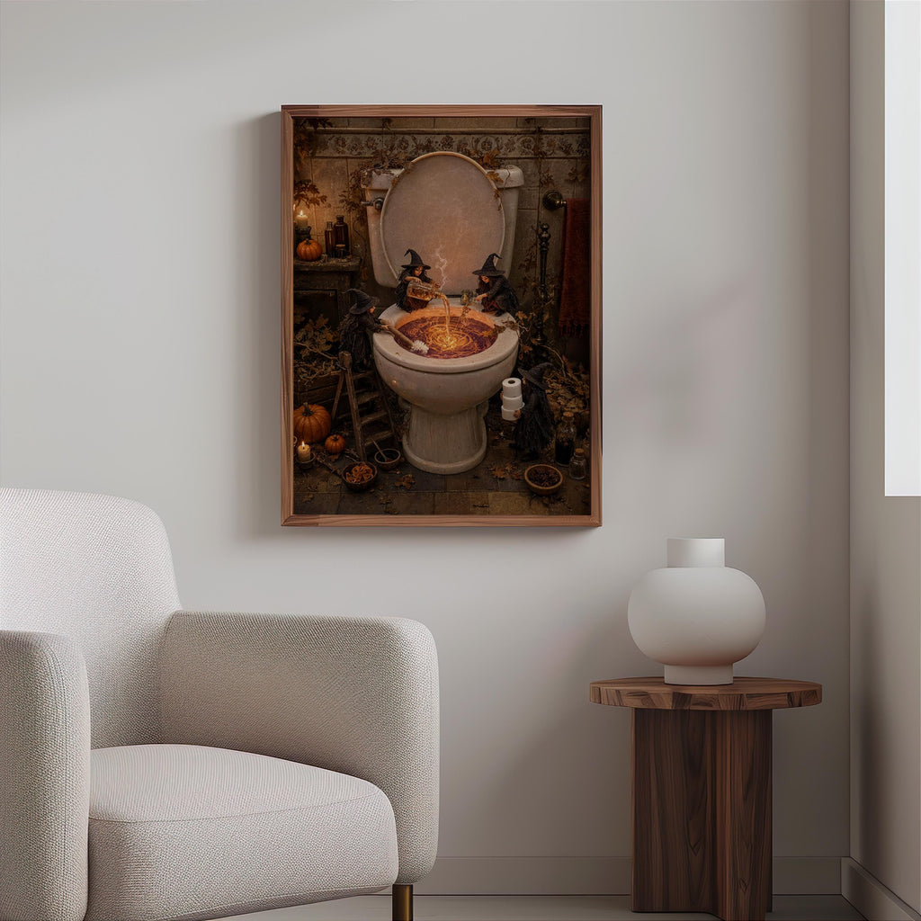 Spooky toilet wall art hung near a plush chair and reed diffuser, witchy bathroom decor meets gothic print.