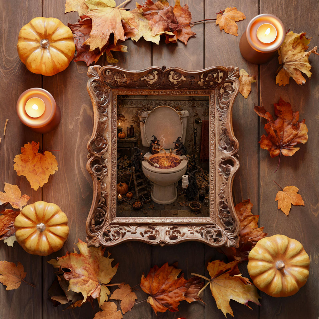 Ornate framed display featuring spooky toilet wall art, surrounded by autumn leaves and candles, Halloween decor.