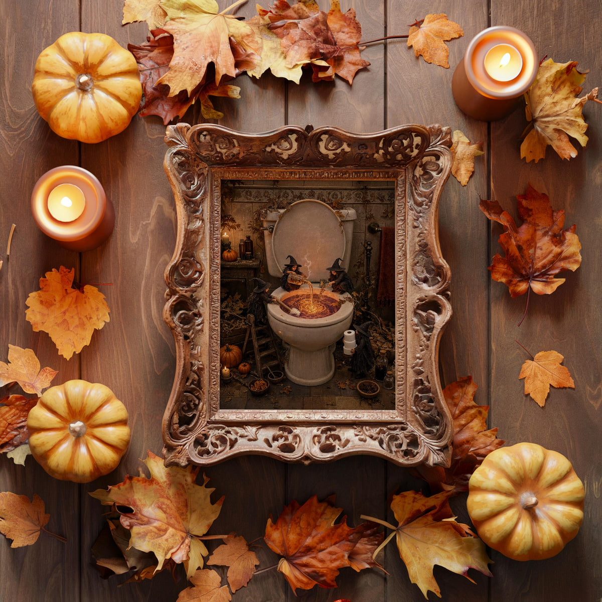 Ornate framed display featuring spooky toilet wall art, surrounded by autumn leaves and candles, Halloween decor.