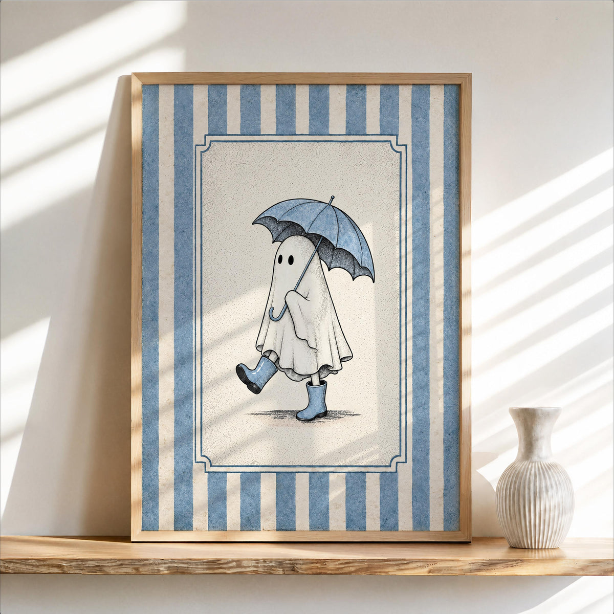 Ghost with Umbrella Print, Cute Halloween Wall Art, Pink Blue Green Ghost Bathroom Decor, Vintage Autumn Illustration, Spooky Fall Poster