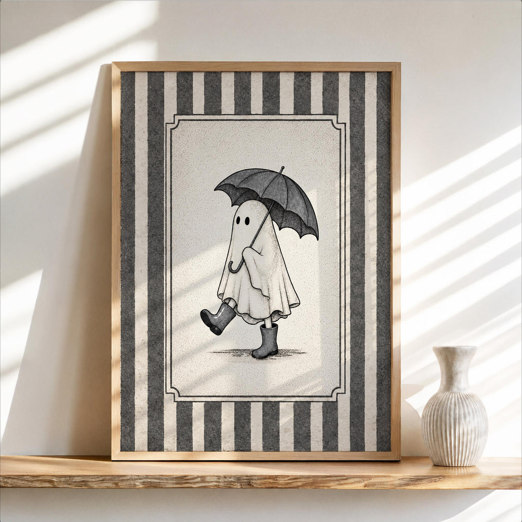 Ghost with Umbrella Print, Cute Halloween Wall Art, Pink Blue Green Ghost Bathroom Decor, Vintage Autumn Illustration, Spooky Fall Poster