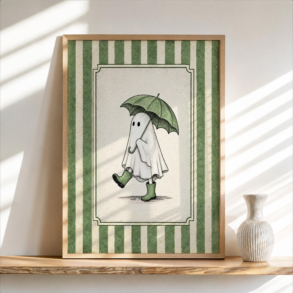 Ghost with Umbrella Print, Cute Halloween Wall Art, Pink Blue Green Ghost Bathroom Decor, Vintage Autumn Illustration, Spooky Fall Poster