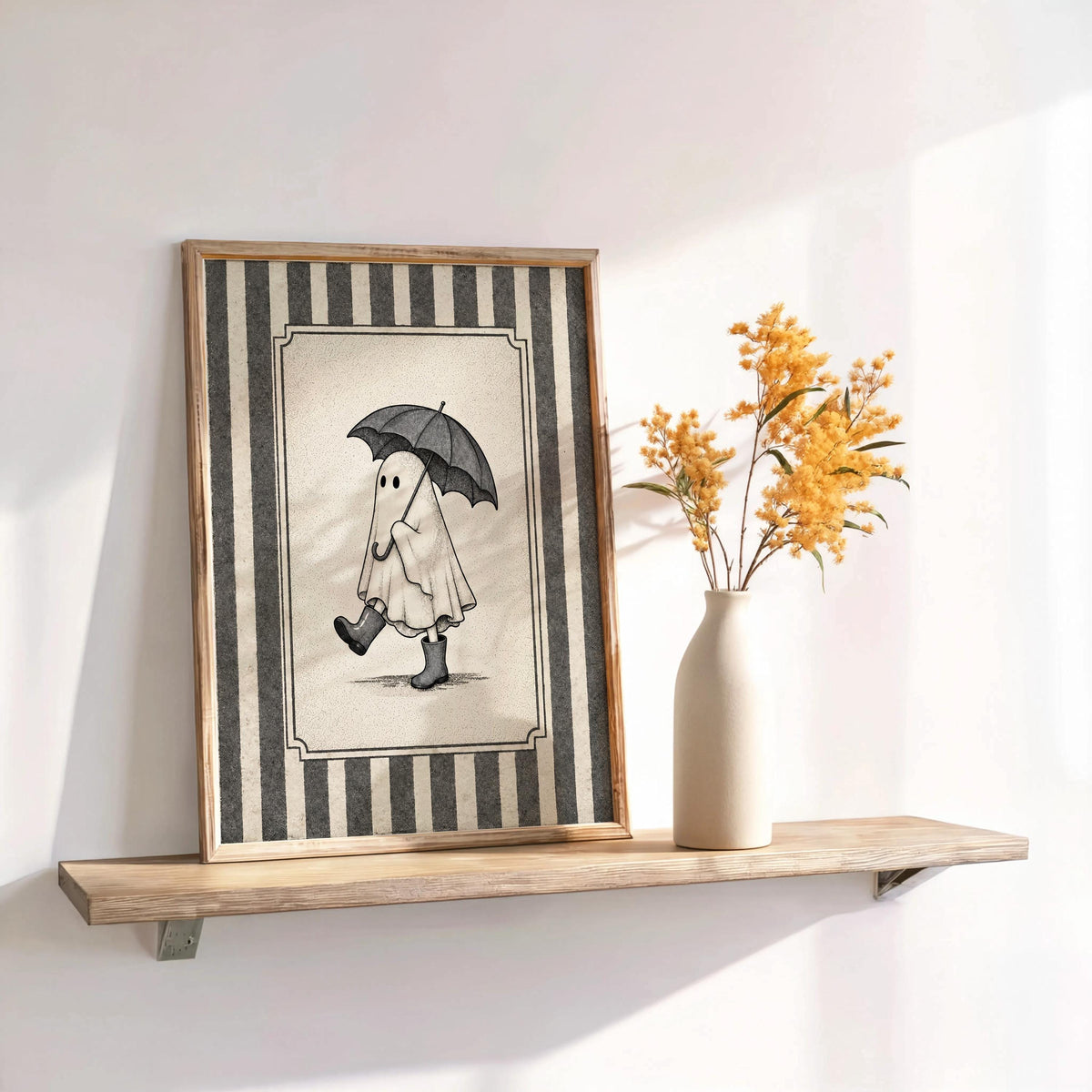 Ghost with Umbrella Print, Cute Halloween Wall Art, Pink Blue Green Ghost Bathroom Decor, Vintage Autumn Illustration, Spooky Fall Poster
