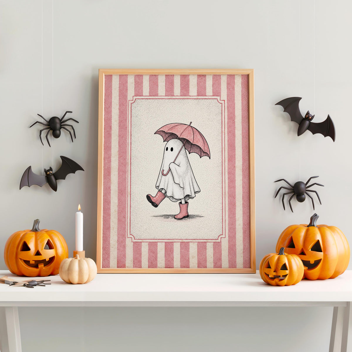 Ghost with Umbrella Print, Cute Halloween Wall Art, Pink Blue Green Ghost Bathroom Decor, Vintage Autumn Illustration, Spooky Fall Poster
