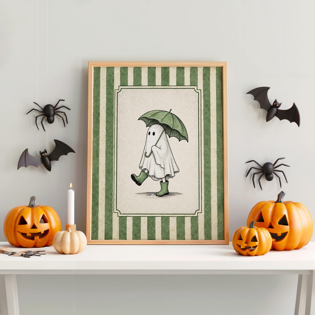 Ghost with Umbrella Print, Cute Halloween Wall Art, Pink Blue Green Ghost Bathroom Decor, Vintage Autumn Illustration, Spooky Fall Poster