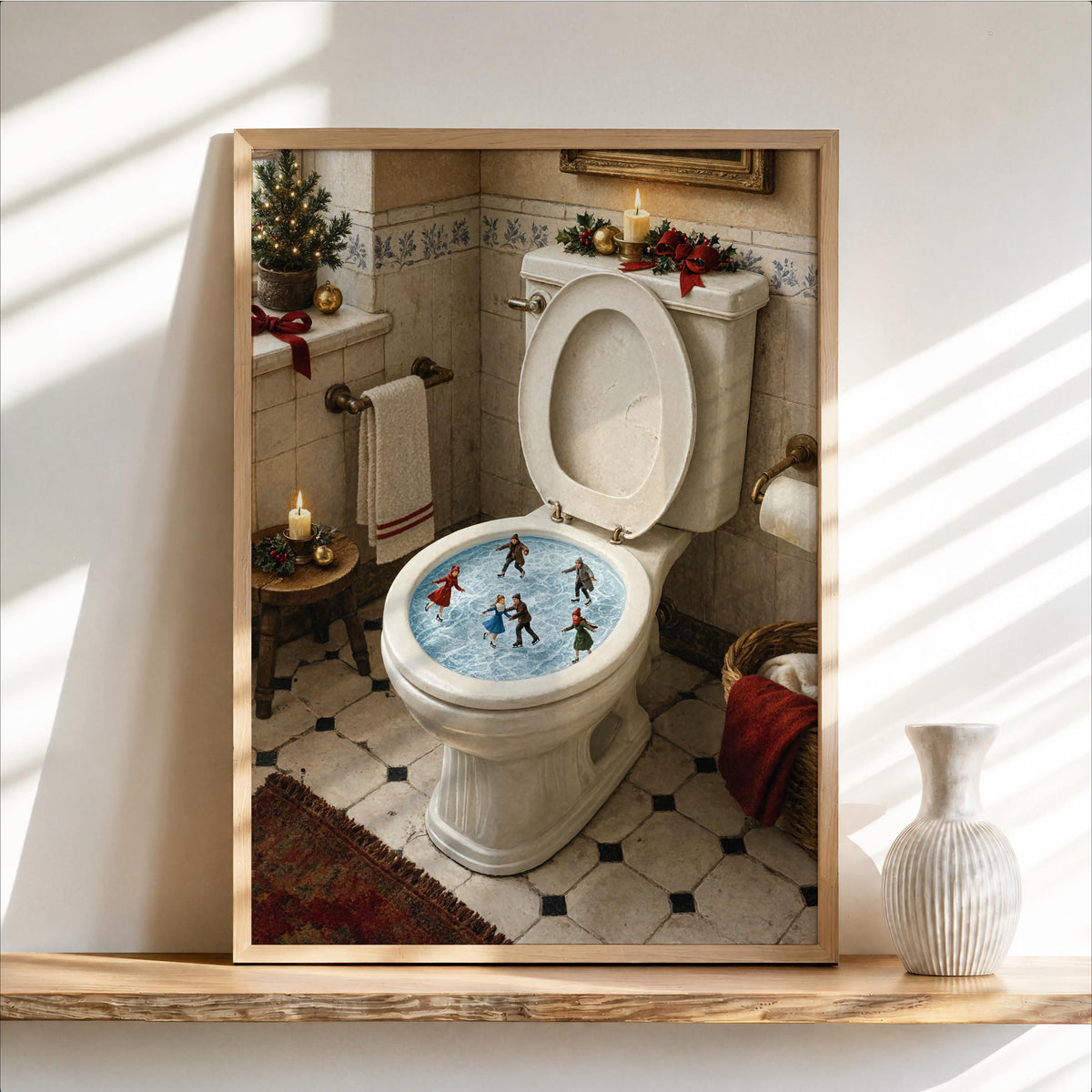 Christmas Toilet Ice Rink Print, Funny Winter Bathroom Wall Art, Vintage Holiday Decor, Ice Skating Restroom Poster, Festive New Year Gift