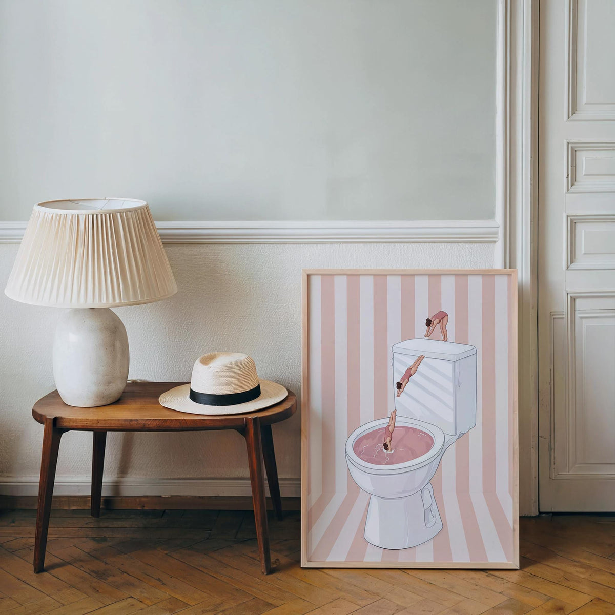 Funny Toilet Divers Print, Humorous Bathroom Wall Art, Girly Diving Toilet Poster, Minimalist Quirky Decor, Pool Striped Retro Home Gift