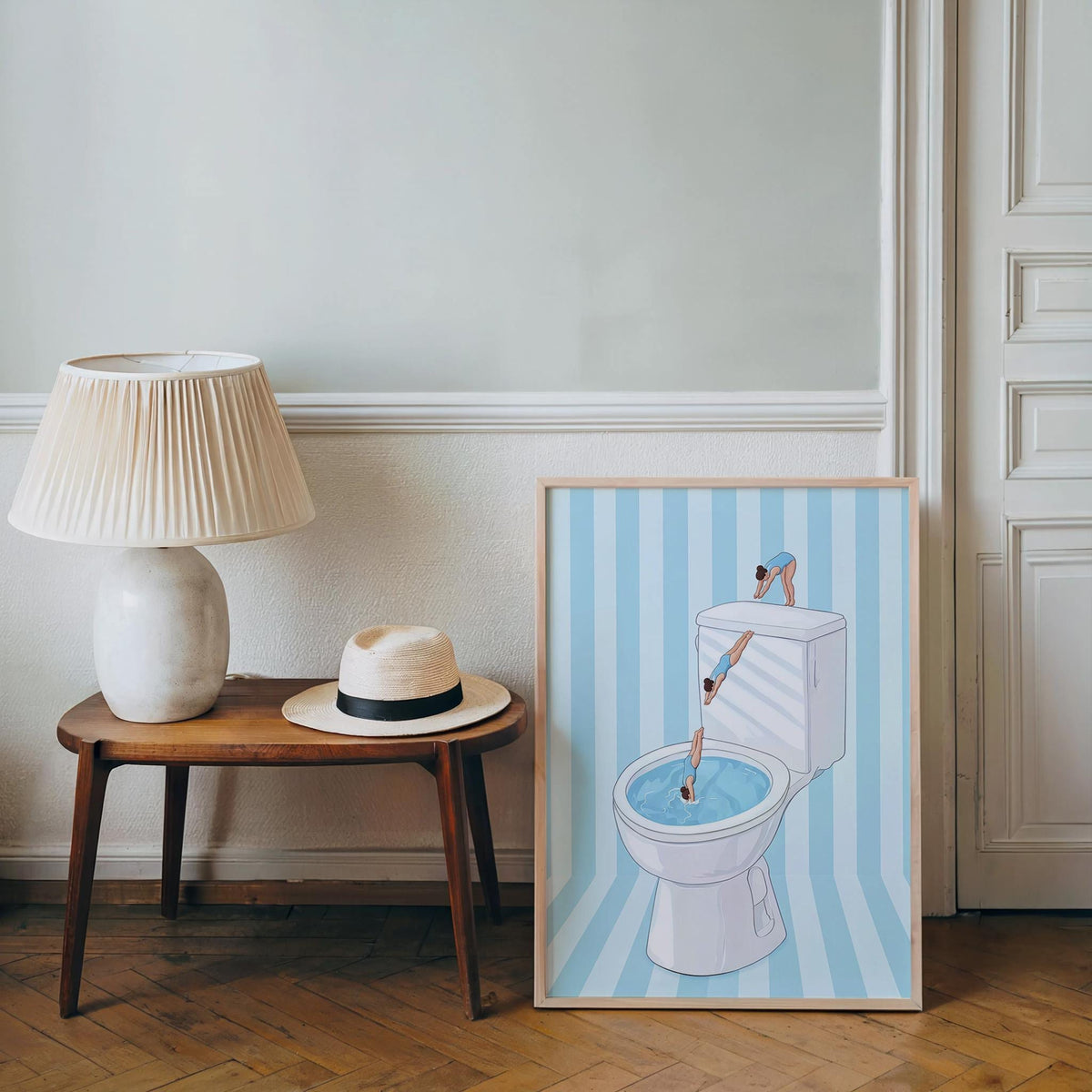Funny Toilet Divers Print, Humorous Bathroom Wall Art, Girly Diving Toilet Poster, Minimalist Quirky Decor, Pool Striped Retro Home Gift