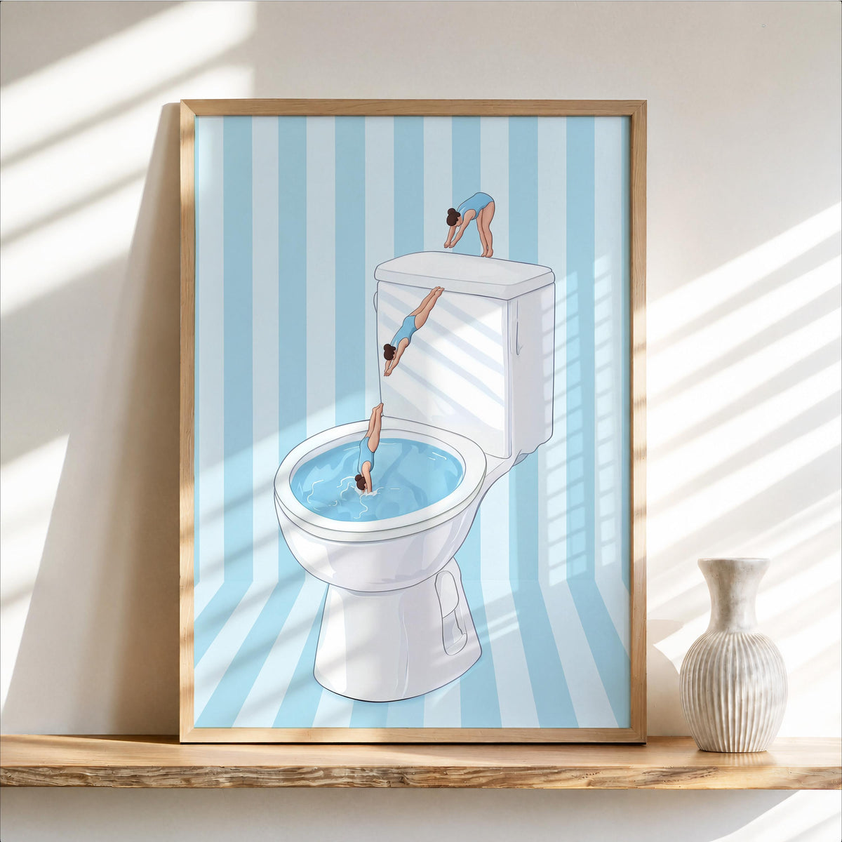 Funny Toilet Divers Print, Humorous Bathroom Wall Art, Girly Diving Toilet Poster, Minimalist Quirky Decor, Pool Striped Retro Home Gift