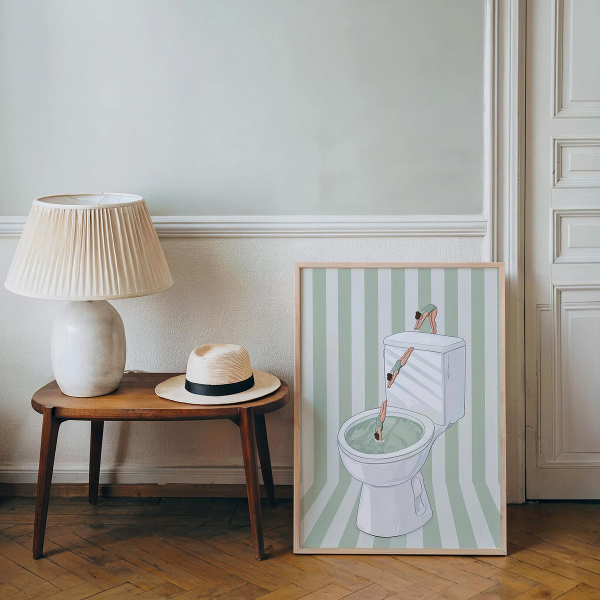 Funny Toilet Divers Print, Humorous Bathroom Wall Art, Girly Diving Toilet Poster, Minimalist Quirky Decor, Pool Striped Retro Home Gift