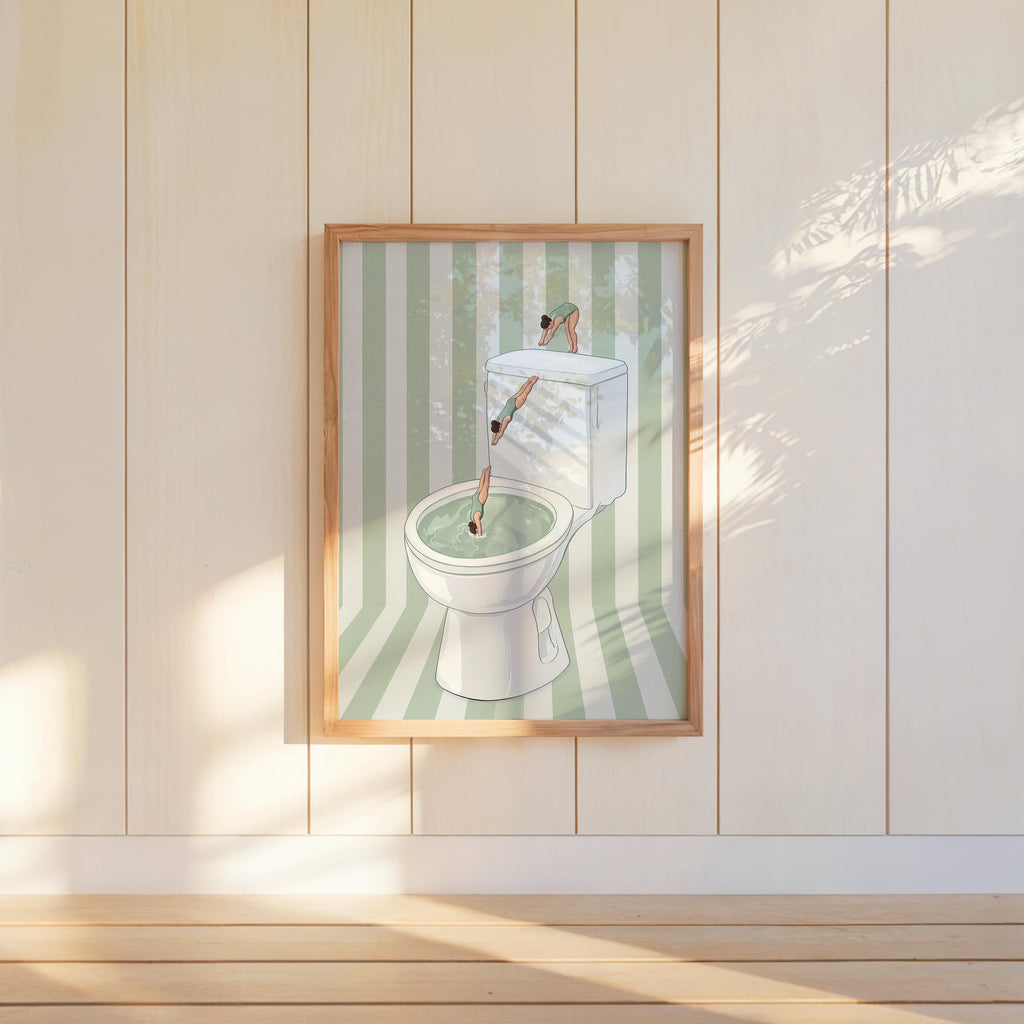 Funny Toilet Divers Print, Humorous Bathroom Wall Art, Girly Diving Toilet Poster, Minimalist Quirky Decor, Pool Striped Retro Home Gift