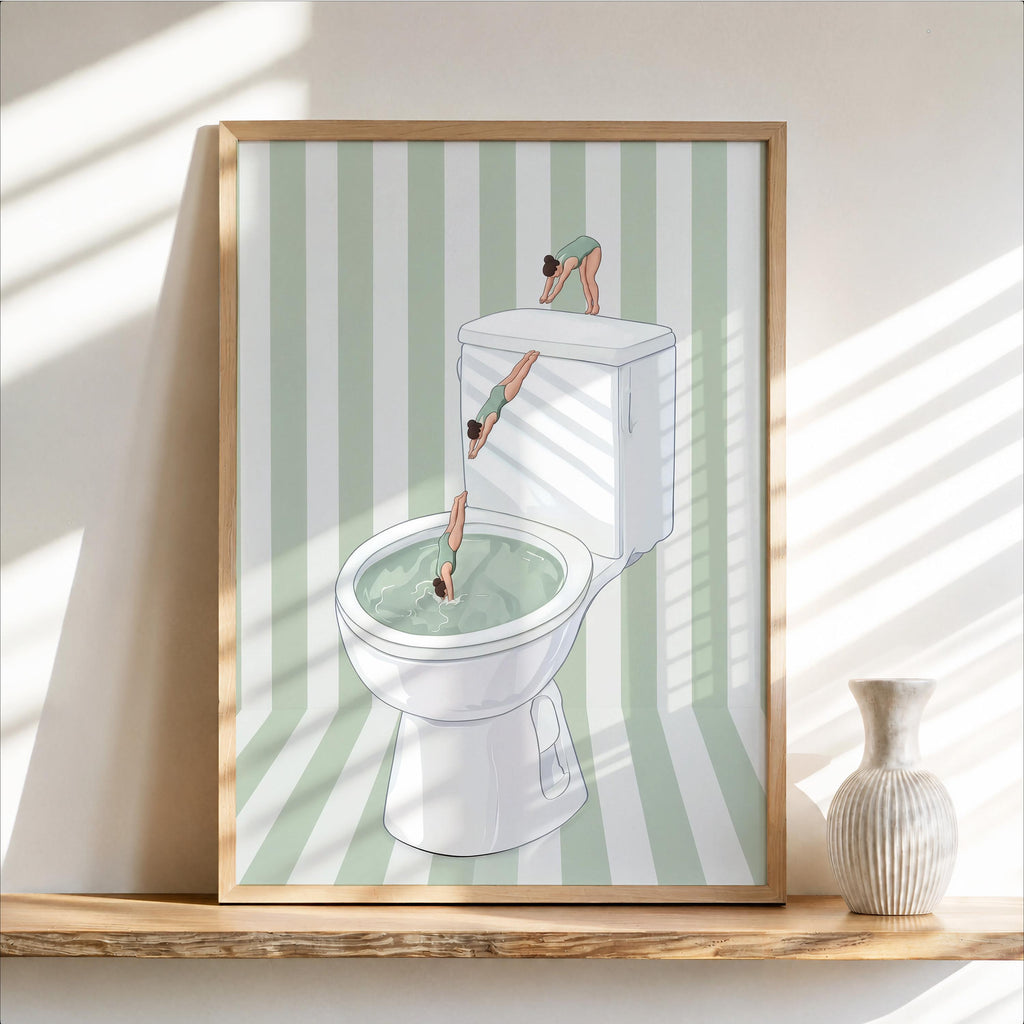 Funny Toilet Divers Print, Humorous Bathroom Wall Art, Girly Diving Toilet Poster, Minimalist Quirky Decor, Pool Striped Retro Home Gift