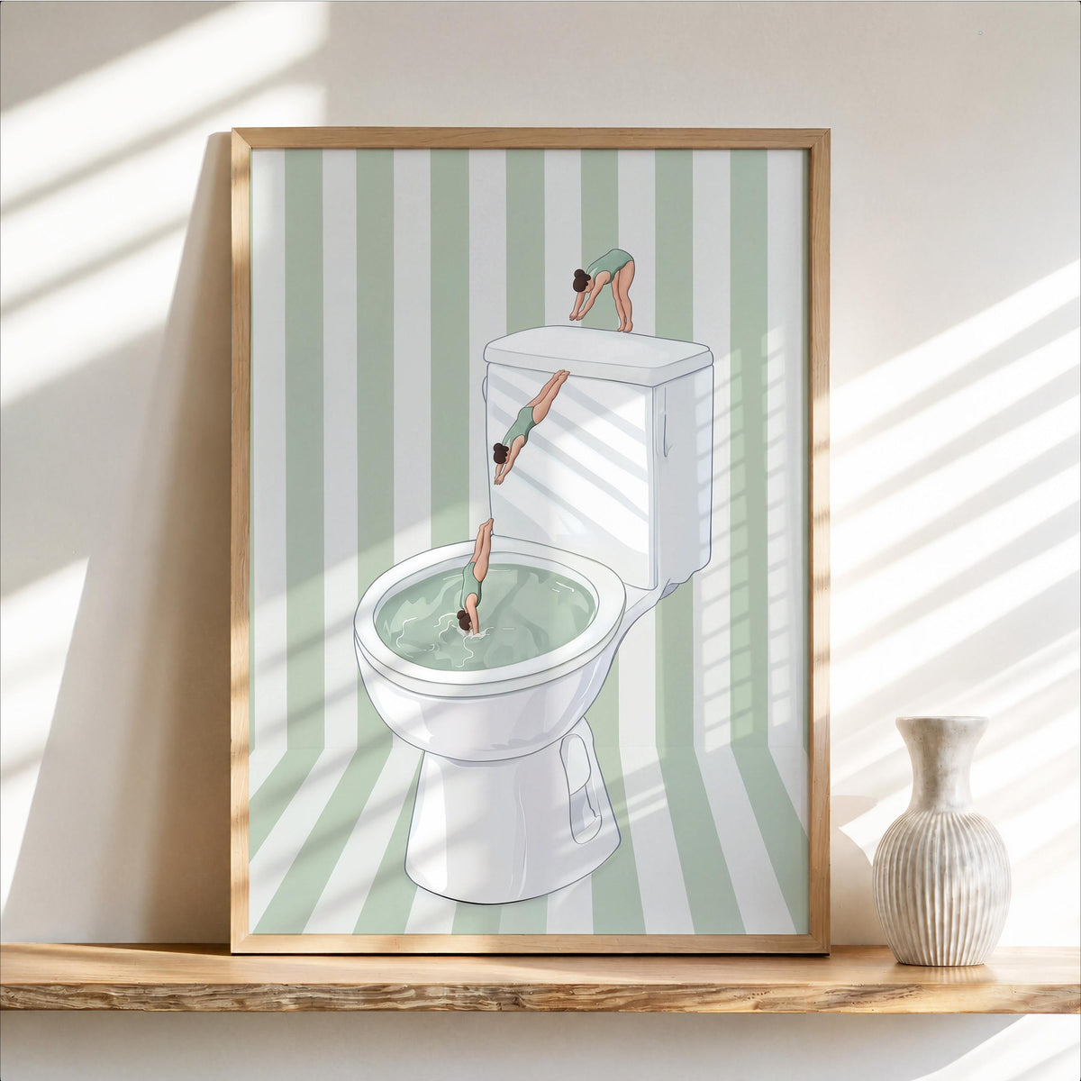 Funny Toilet Divers Print, Humorous Bathroom Wall Art, Girly Diving Toilet Poster, Minimalist Quirky Decor, Pool Striped Retro Home Gift