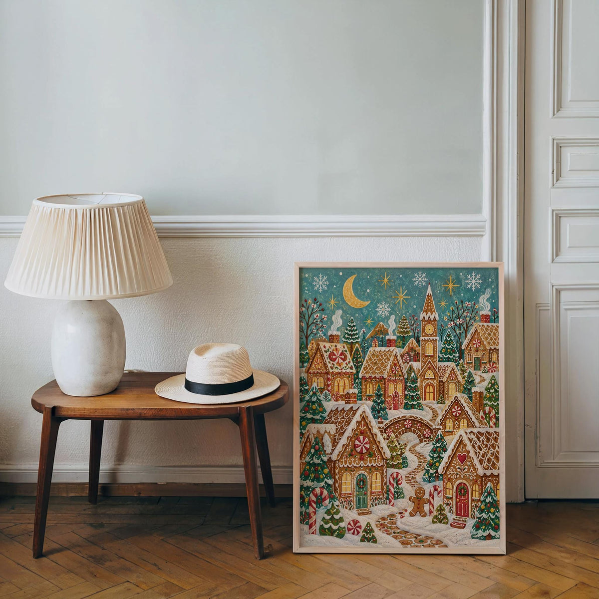 Gingerbread Christmas Village Print, Coastal Holiday Wall Art, Vintage Winter Seaside Poster, Whimsical Xmas Decor, Cute Folk Art Poster
