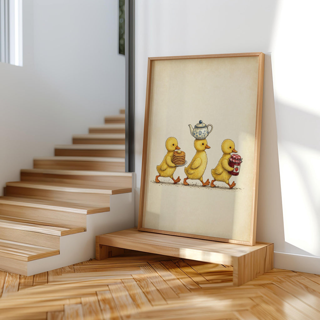 Duckling Breakfast Print, Vintage Kitchen Wall Art, Cute Duck Illustration, Cottage Foodie Decor, Kids Gosling Illustration