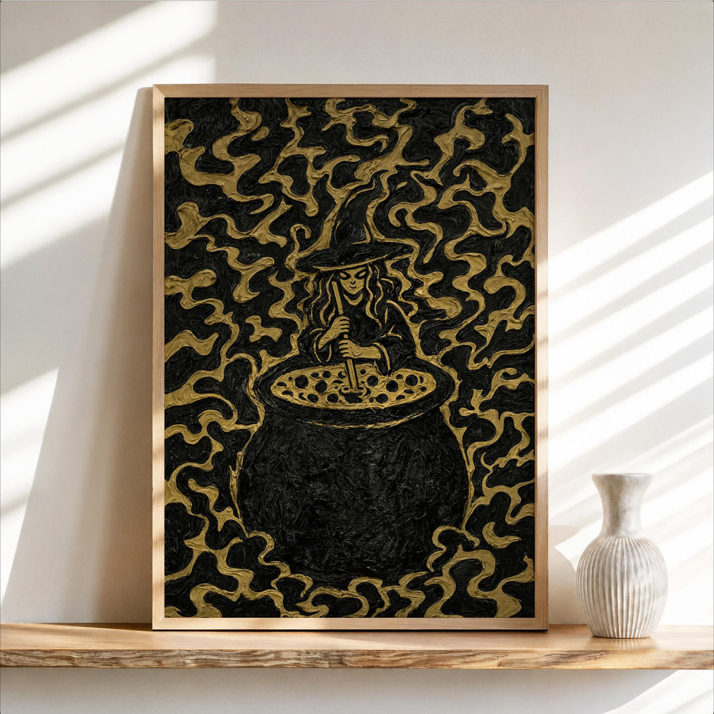 Impasto Witch Cauldron Print, Black Gold Halloween Wall Decor, Textured Witch Poster, Gothic Kitchen Art, Occult Spooky Season Decor