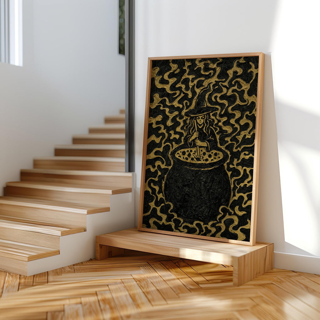 Impasto Witch Cauldron Print, Black Gold Halloween Wall Decor, Textured Witch Poster, Gothic Kitchen Art, Occult Spooky Season Decor