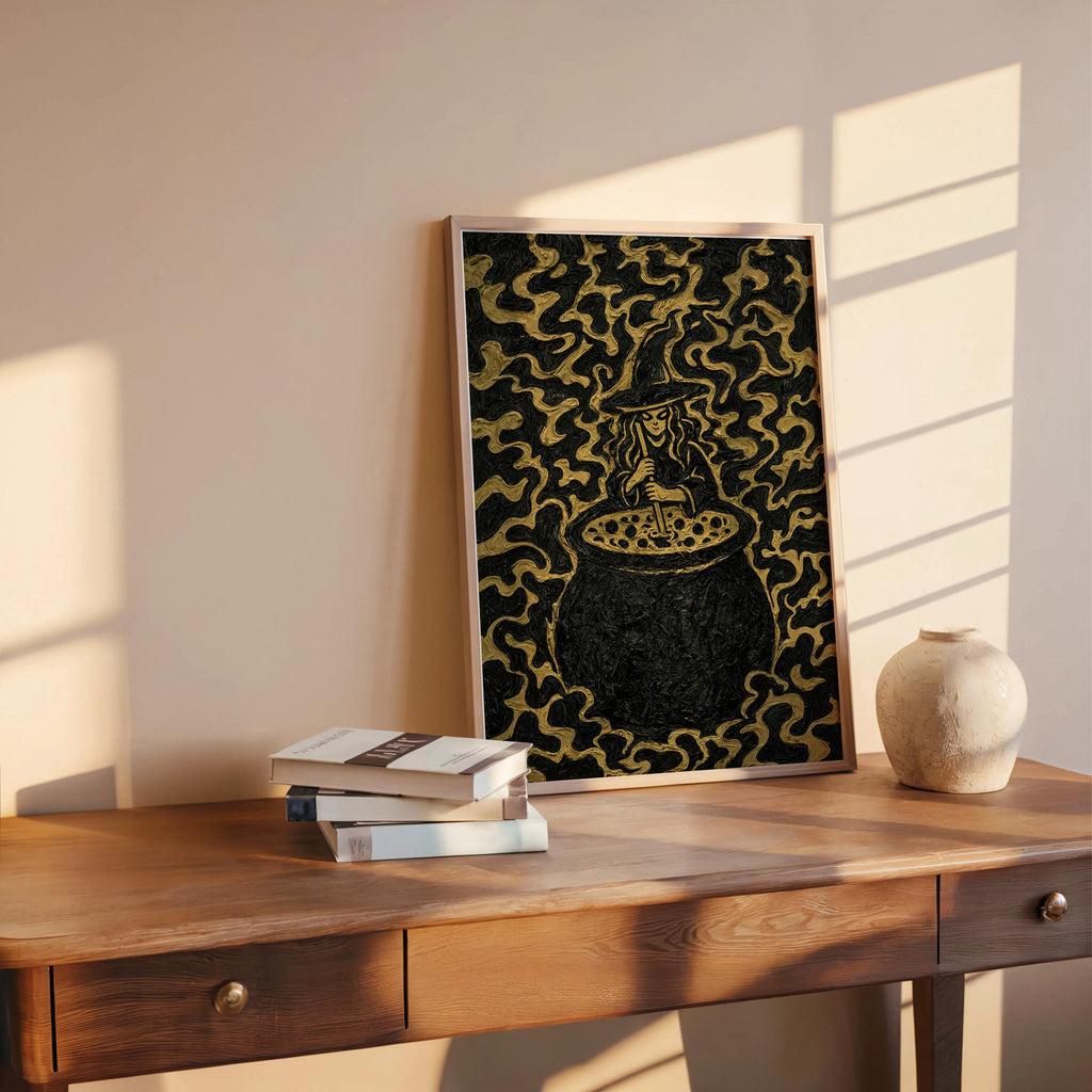 Impasto Witch Cauldron Print, Black Gold Halloween Wall Decor, Textured Witch Poster, Gothic Kitchen Art, Occult Spooky Season Decor