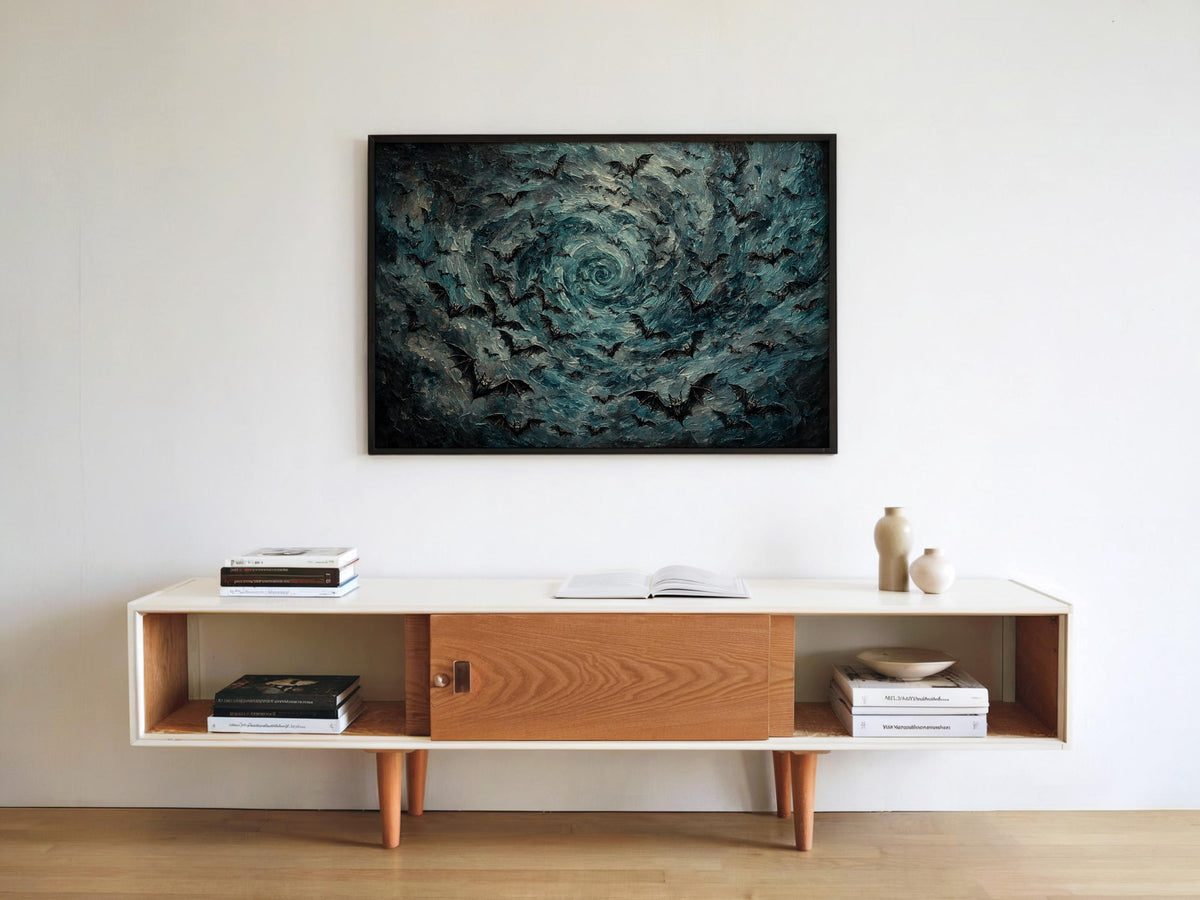 Bat Storm Halloween Print, Swirling Vampire Bats Wall Decor, Dark Gothic Poster, Dramatic Night Sky Print, Spooky Season Home Art