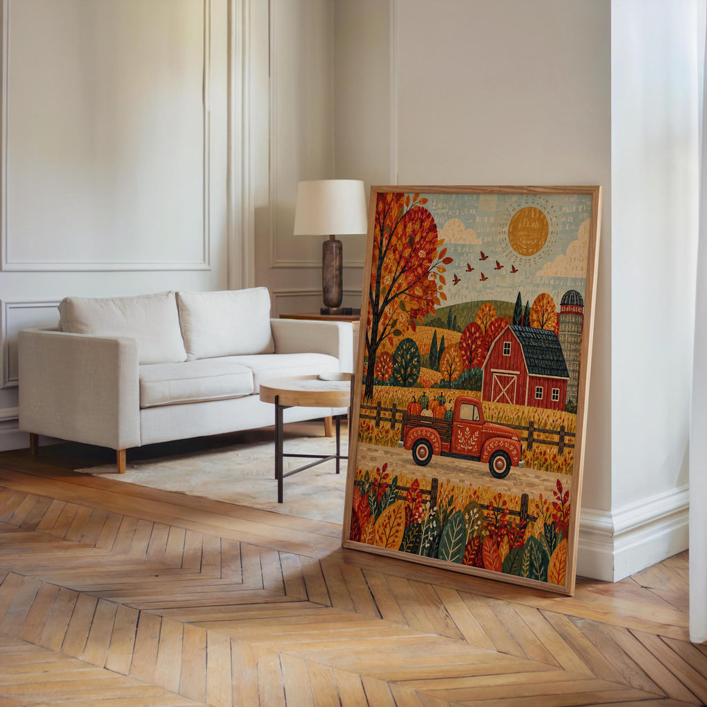 Fall Farm Truck Wall Print, Red Pickup Poster, Autumn Barn Decor, Rustic Country Landscape, Harvest Season Home Gift