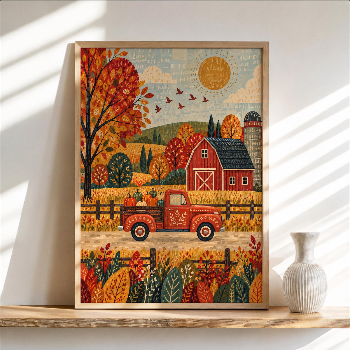 Fall Farm Truck Wall Print, Red Pickup Poster, Autumn Barn Decor, Rustic Country Landscape, Harvest Season Home Gift