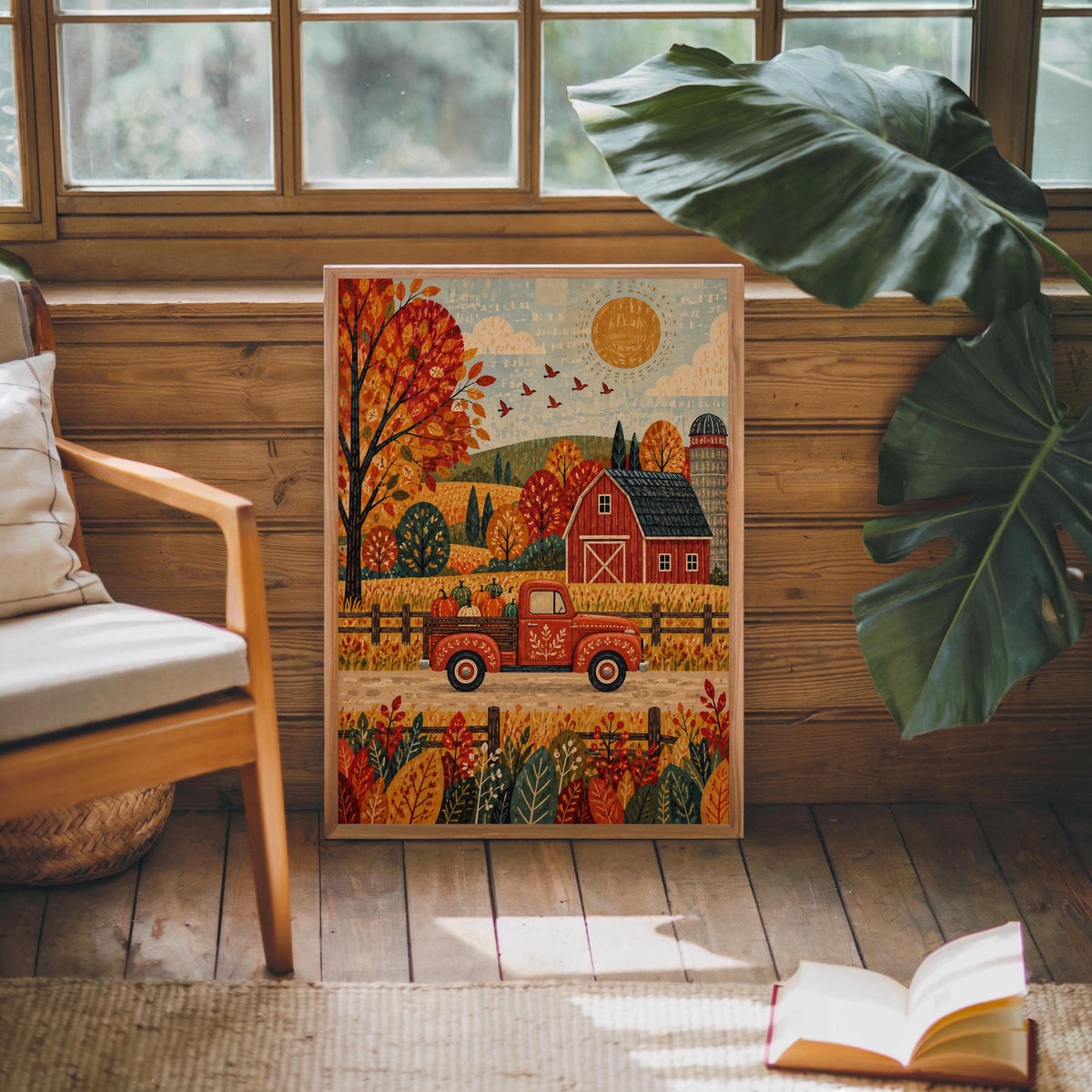 Fall Farm Truck Wall Print, Red Pickup Poster, Autumn Barn Decor, Rustic Country Landscape, Harvest Season Home Gift