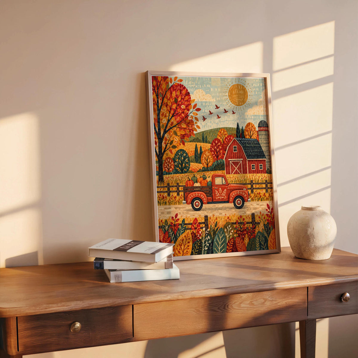 Fall Farm Truck Wall Print, Red Pickup Poster, Autumn Barn Decor, Rustic Country Landscape, Harvest Season Home Gift