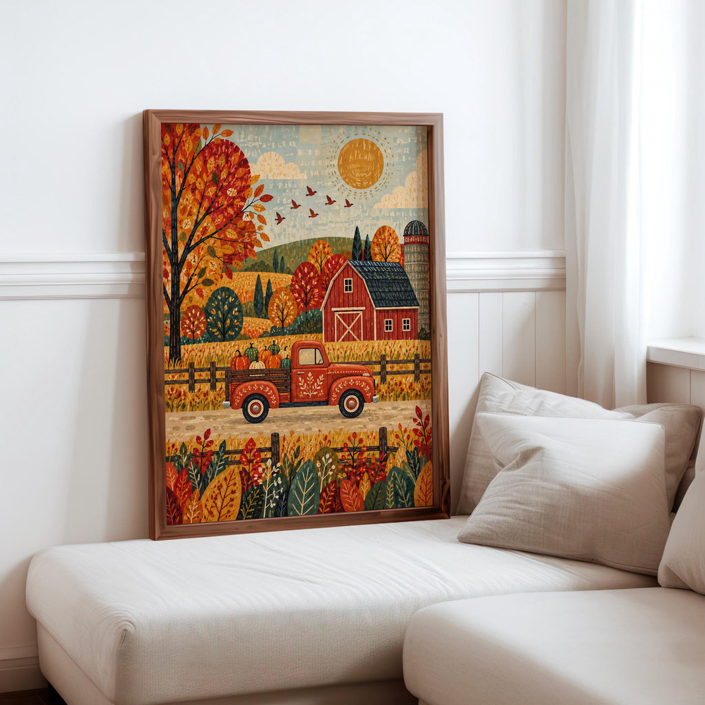Fall Farm Truck Wall Print, Red Pickup Poster, Autumn Barn Decor, Rustic Country Landscape, Harvest Season Home Gift