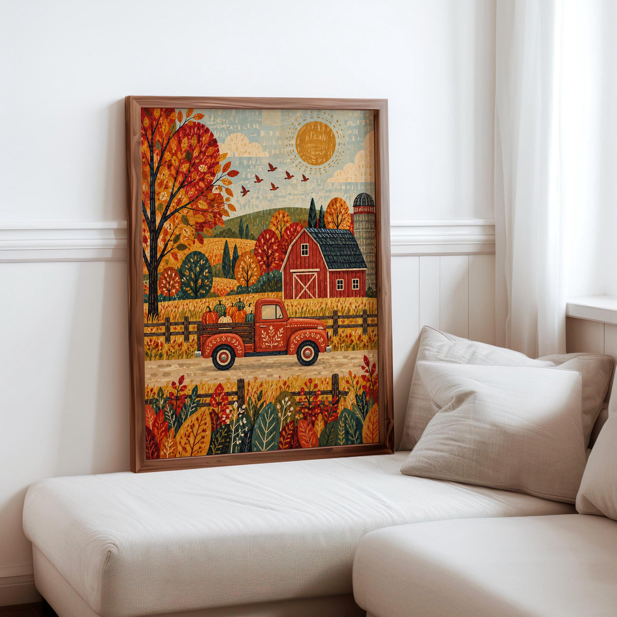 Fall Farm Truck Wall Print, Red Pickup Poster, Autumn Barn Decor, Rustic Country Landscape, Harvest Season Home Gift
