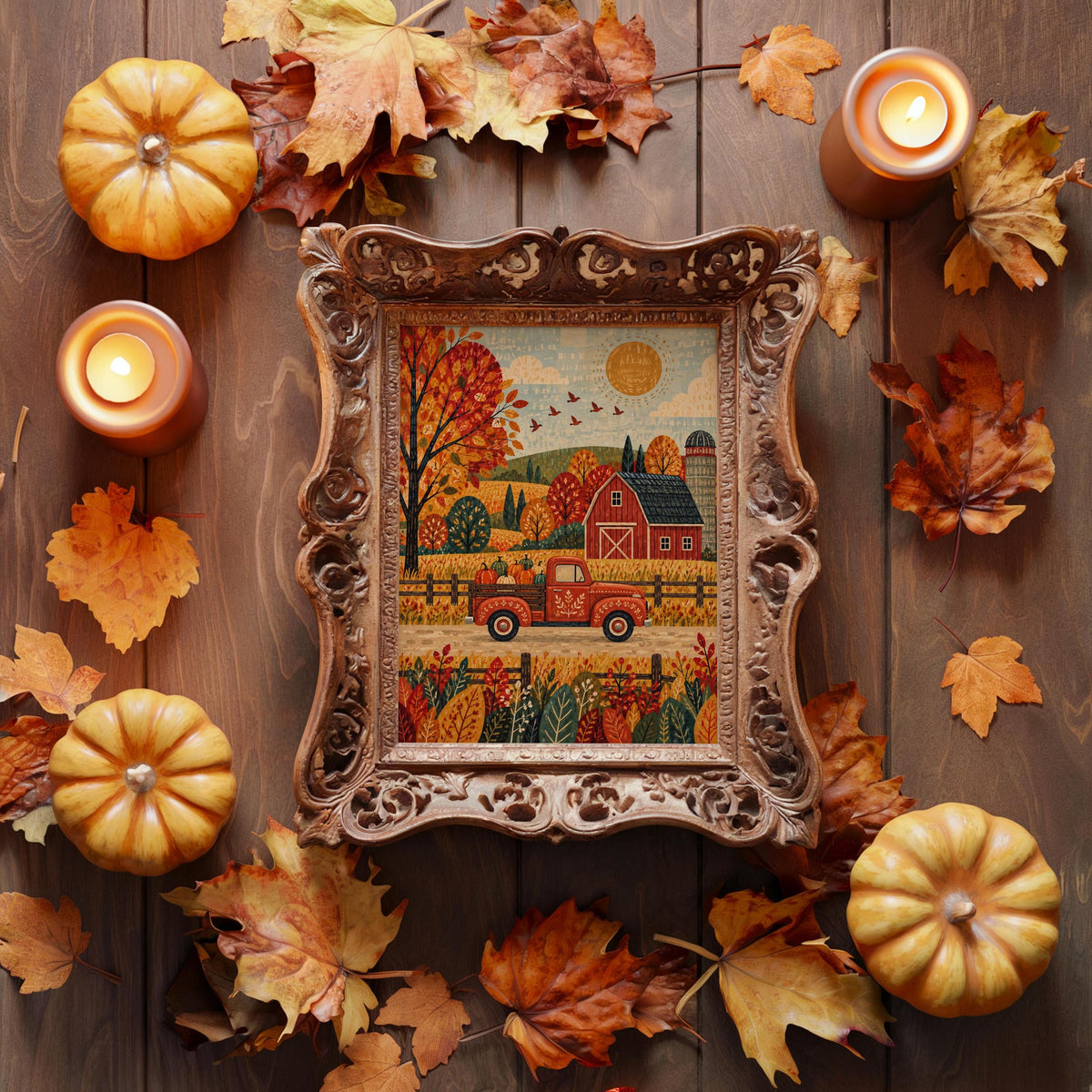 Fall Farm Truck Wall Print, Red Pickup Poster, Autumn Barn Decor, Rustic Country Landscape, Harvest Season Home Gift